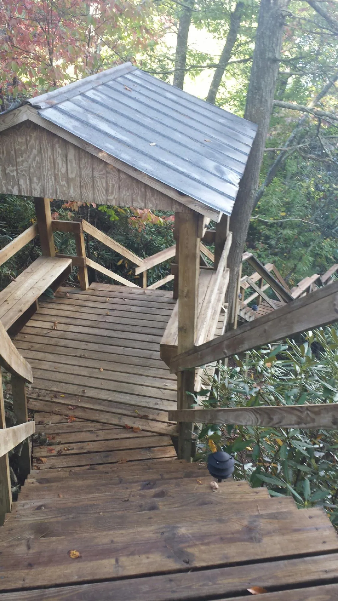 Metal roofed shelter over wooden steps on a wooded walkway — Skylight Repair & Installation work by our crew in Le Grand